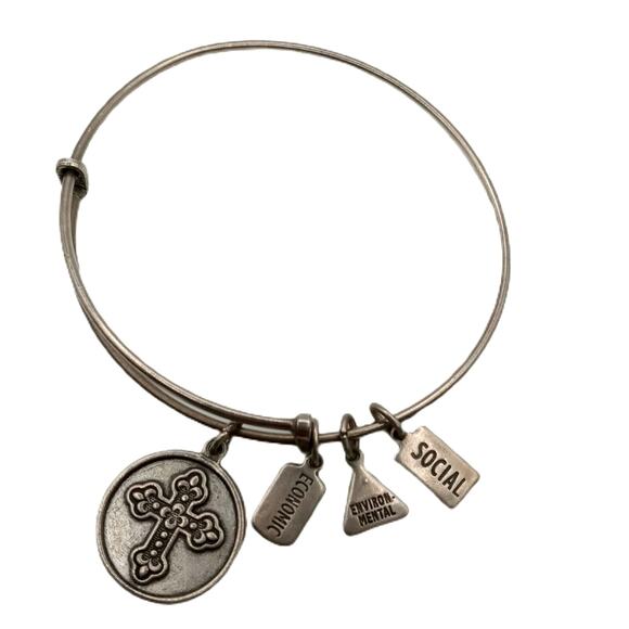 ✨ Wind & Fire Cross Fleur-De-Lis Bangle | Silver Tone Adjustable USA Charm - Picture 5 of 12